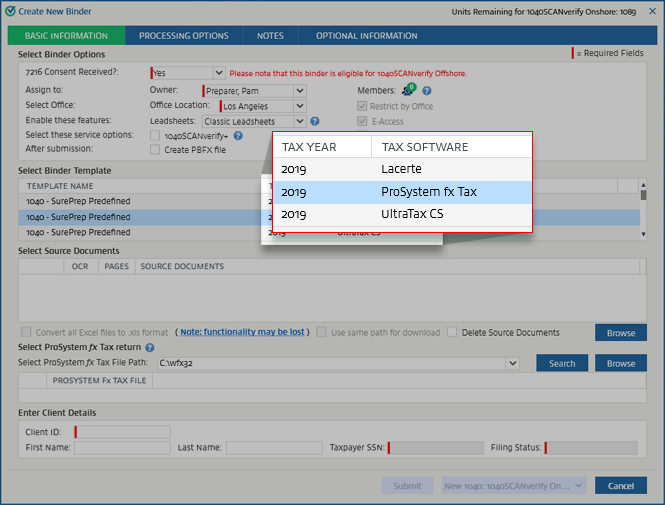 Binder data displaying in the Select Binder Template section