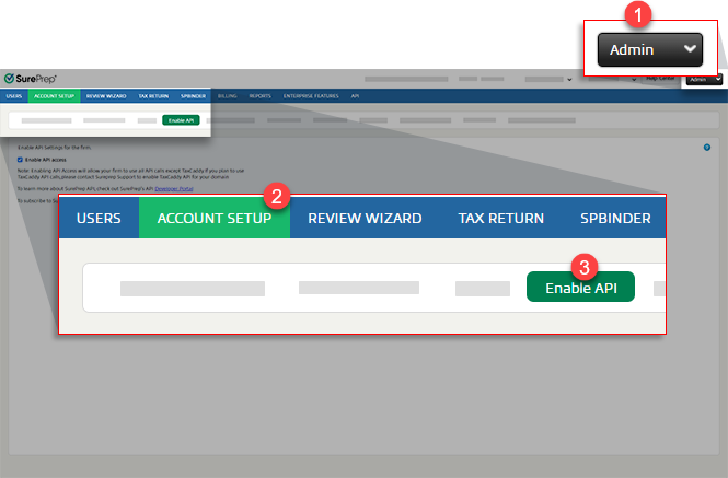 Select Admin, ACCOUNT SETUP, then Enable API.
