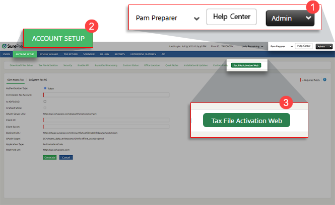 Select Admin, ACCOUNT SETUP, then Tax File Activation Web