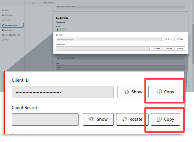 Select Copy for the Client ID and Client Secret