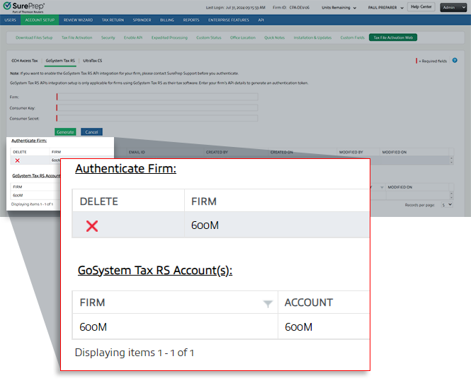 GoSystem Tax RS authentication token