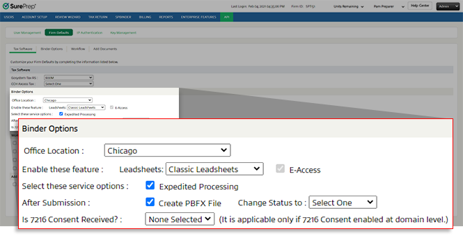 Binder Options section.