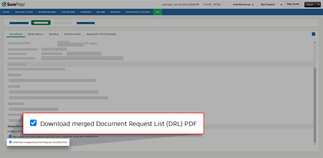 Select the Download merged Document Request List (DRL) PDF checkbox