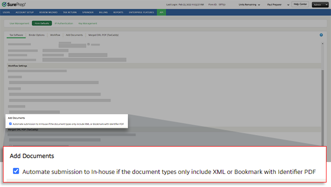 Select the "Automate submission to In-house if the document types only include XML or Bookmark with Identifier PDF" checkbox.