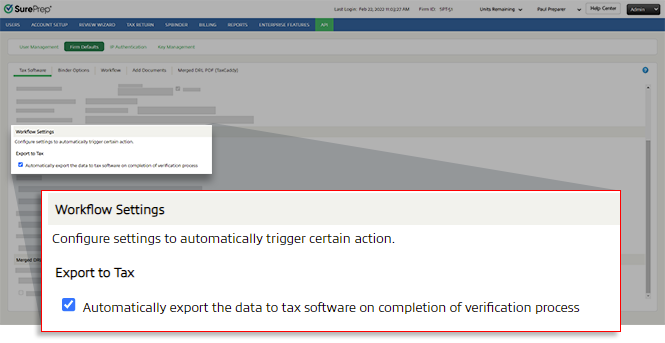 Select the "Automatically export the data to tax software on completion of verification process" checkbox.