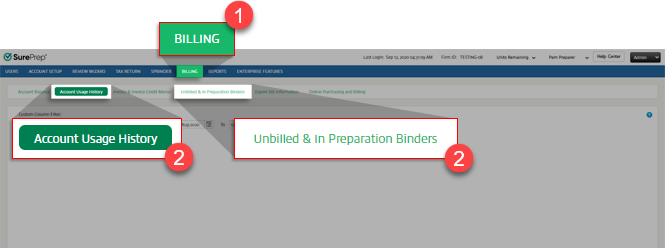 Select Account Usage History or Unbilled & In Preparation Binders