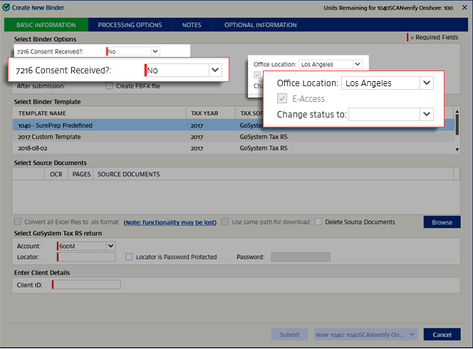 Make selections when creating binder.