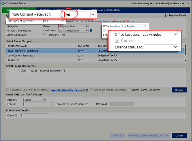 Select 7216 Consent Received as Yes.