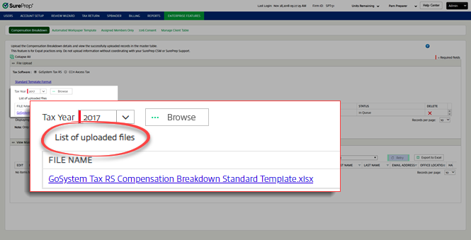 Selected template under List of Uploaded files.