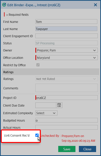 Select the "7216 Consent Rec'd" checkbox.