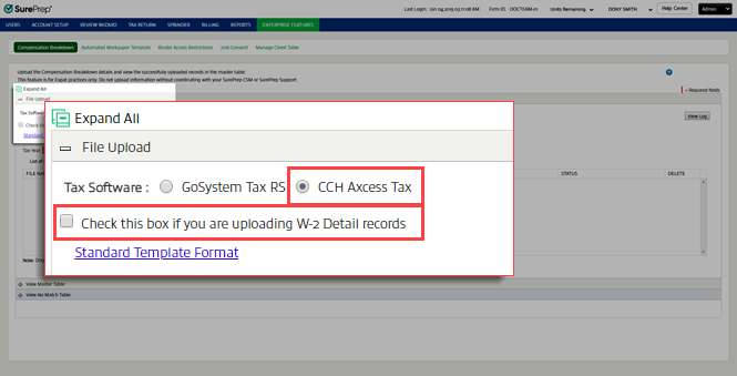 Select the "Check this box if you are uploading W-2 Detail records" checkbox.
