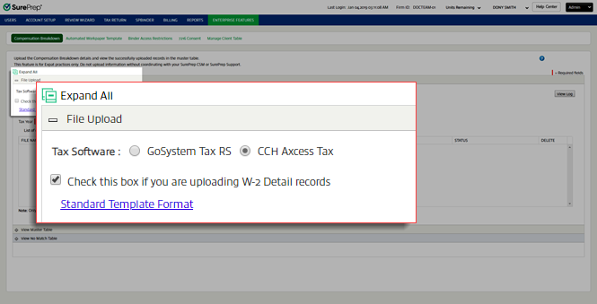 Select tax software within File Upload.