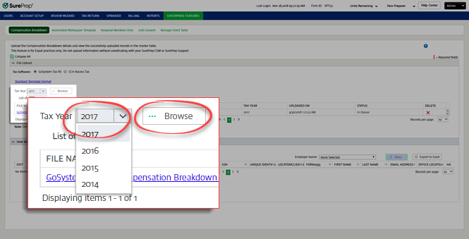 Select the tax year, then browse.