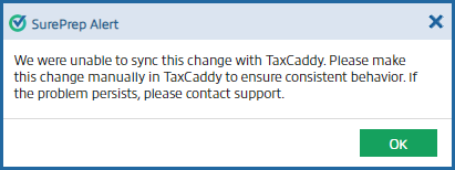 Message that the changes were not synced to TaxCaddy.
