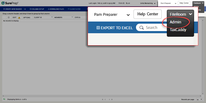 Admin drop down menu