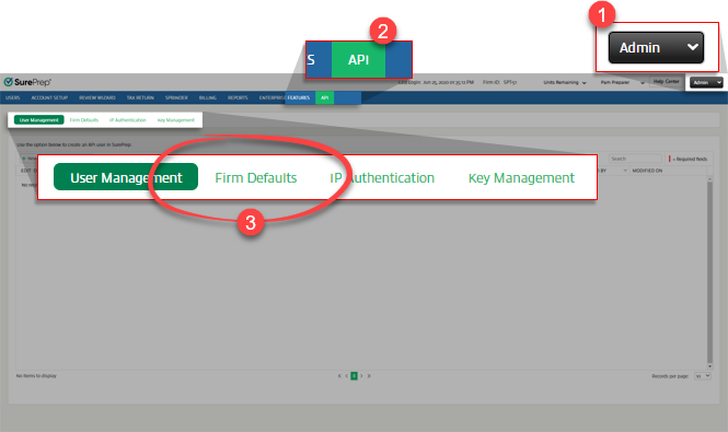 Select Admin, API, then Firm Defaults.
