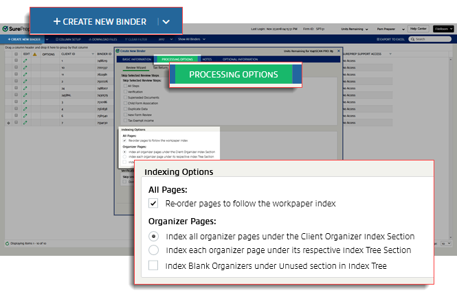 Select CREATE NEW BINDER, PROCESSING OPTIONS, then Review Wizard.