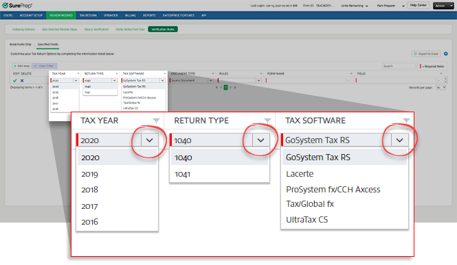Select from the TAX YEAR, RETURN TYPE, and TAX SOFTWARE drop-down menus.