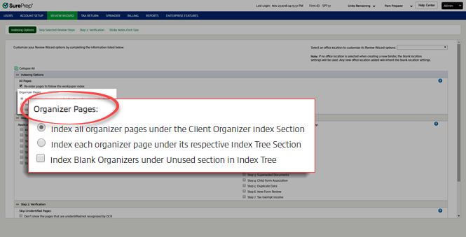 Select an option from the Organizer Pages section.