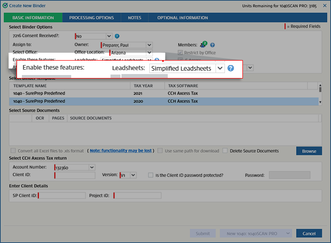 Selected Leadsheet type appearing in the Create New Binder window