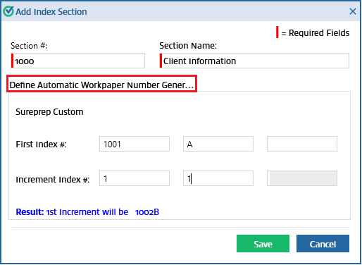 Define the Automatic Workpaper Number Generation order section