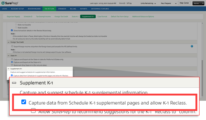 Select the "Capture data from Schedule K-1 supplemental pages and allow K-1 Reclass" checkbox.