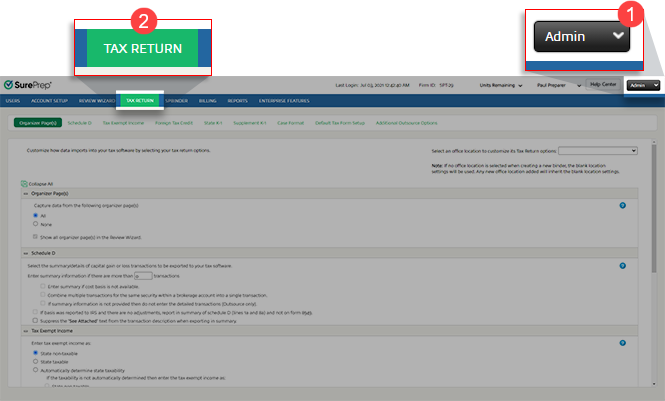 Select Admin the TAX RETURN.