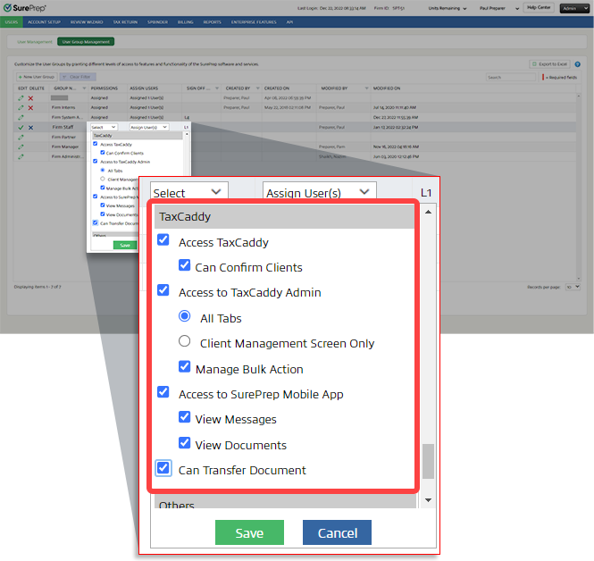 TaxCaddy permissions sections