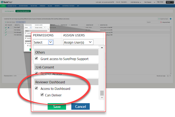 Reviewer Dashboard permissions sections