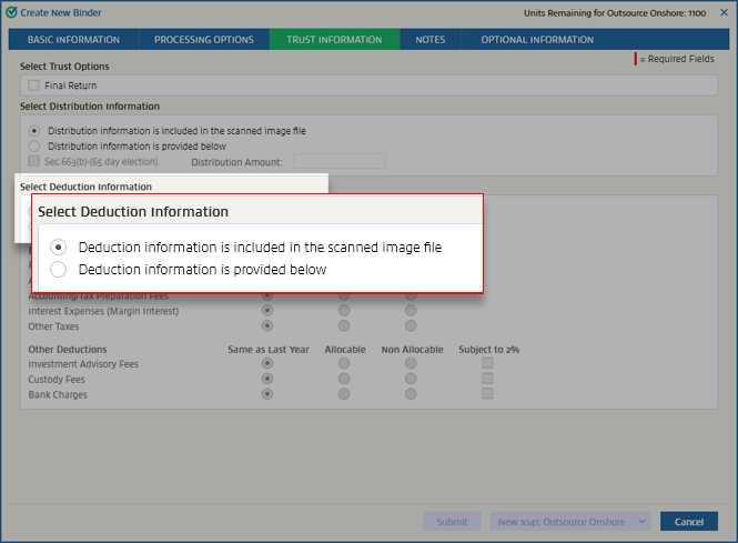Selection Deduction Information section
