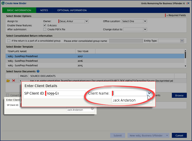 Select the Client Name from the drop-down