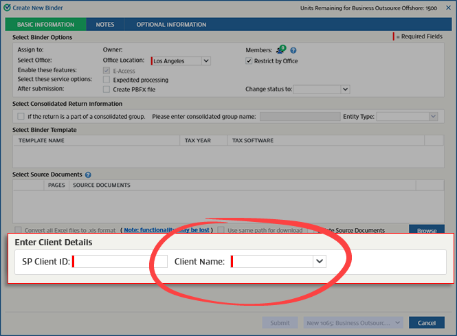 Enter the Client Name