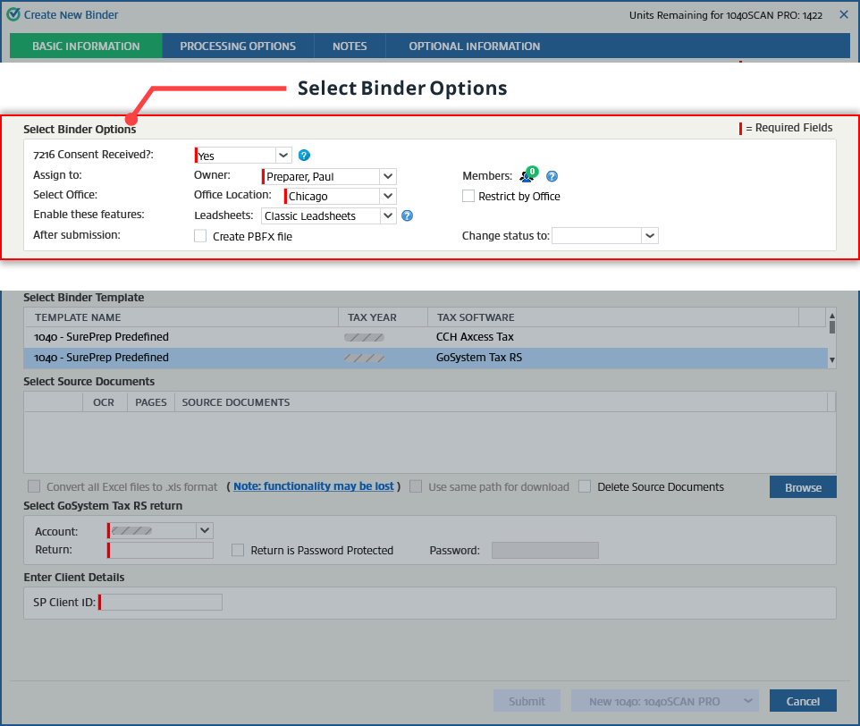 Select Binder Options section on the Create New Binder window