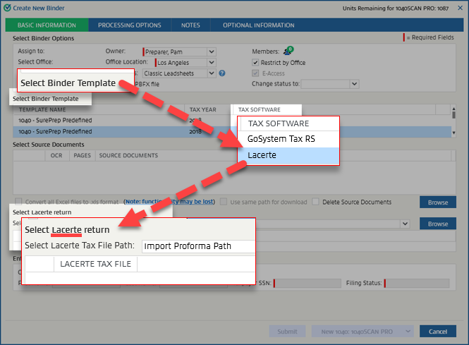 The "Select (tax application name) return" field appearing when necessary