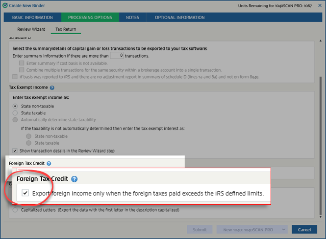 Select the "Export foreign income&nbsp;only when the foreign taxes paid exceed the IRS defined limits" checkbox