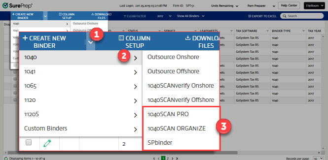 Select CREATE NEW BINDER, 1040, then select your in-house service type.