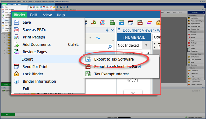 Select Export to Tax Software