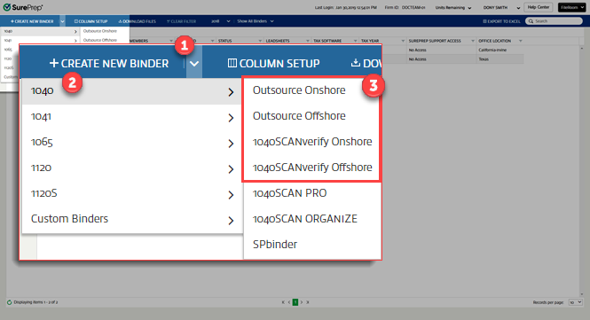 Select CREATE NEW BINDER, 1040, then select your outsource service type.