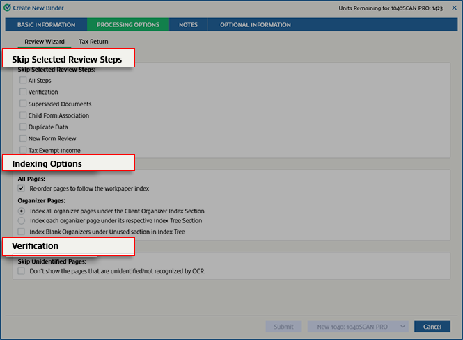 Skip Selected Review Steps, Indexing Options, and Verification sections