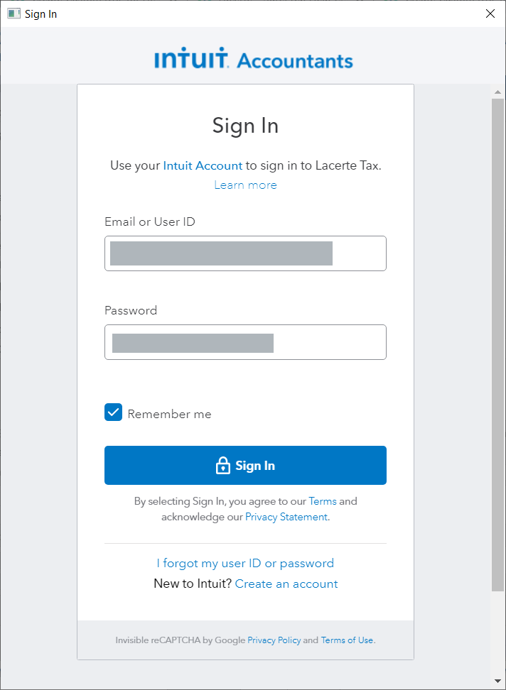 Intuit sign-in screen