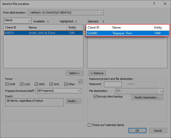 Selected client in the Selected section