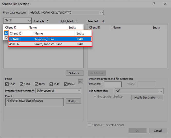 Send to File Location window