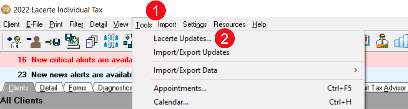 Select Tools then Lacerte Updates