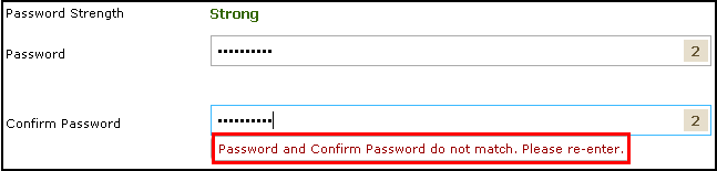 Warning that your password and password confirmation do not match
