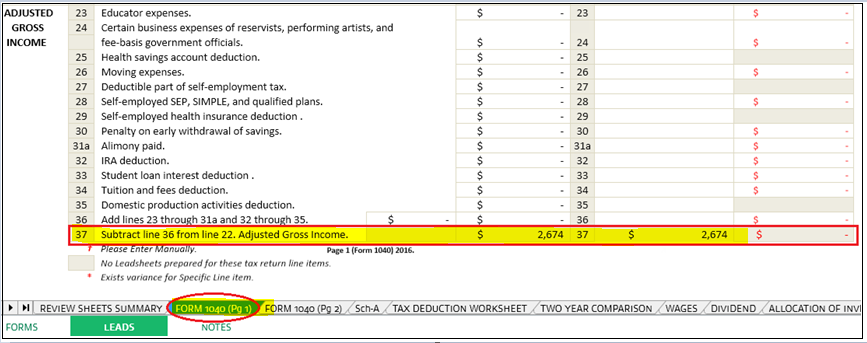 Form 1040 page 1 in the LEADS tab