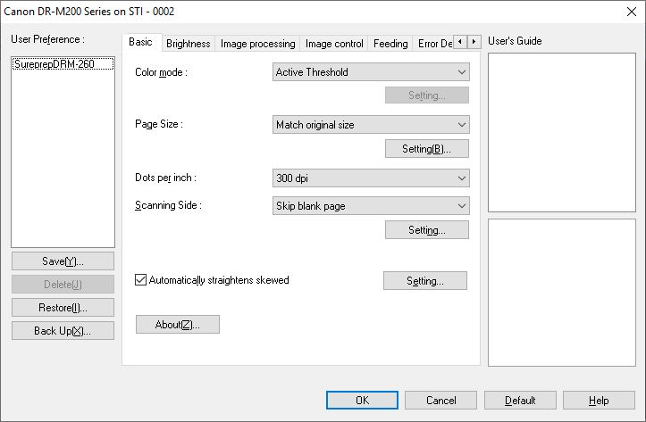 Configure your settings in the Canon DR-M200 Series on STI-0002 window