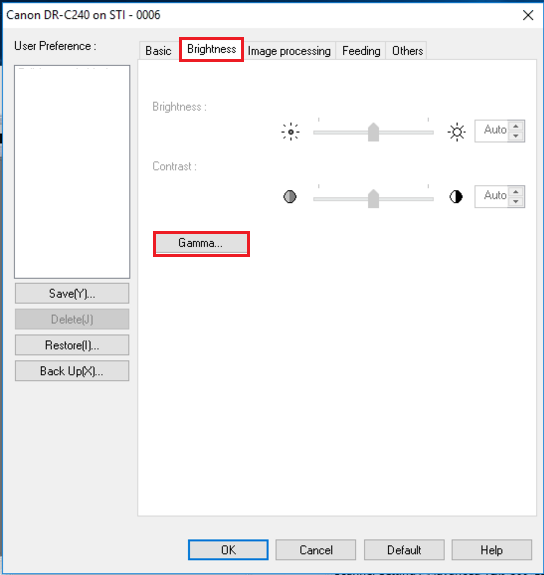 Select Gamma from the Brightness tab