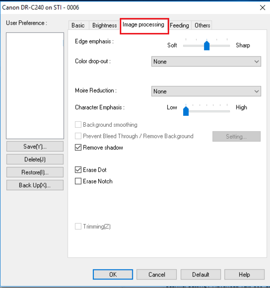 Image processing&nbsp;tab