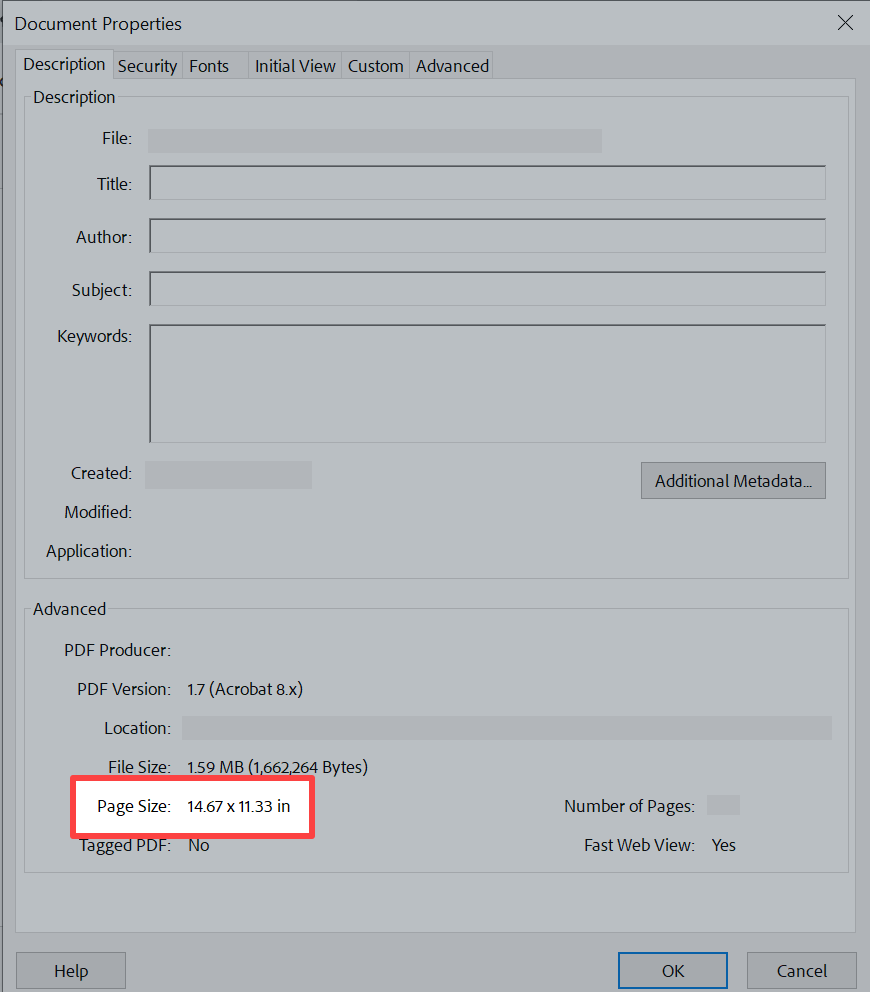  Page Size in the Document Qualities window