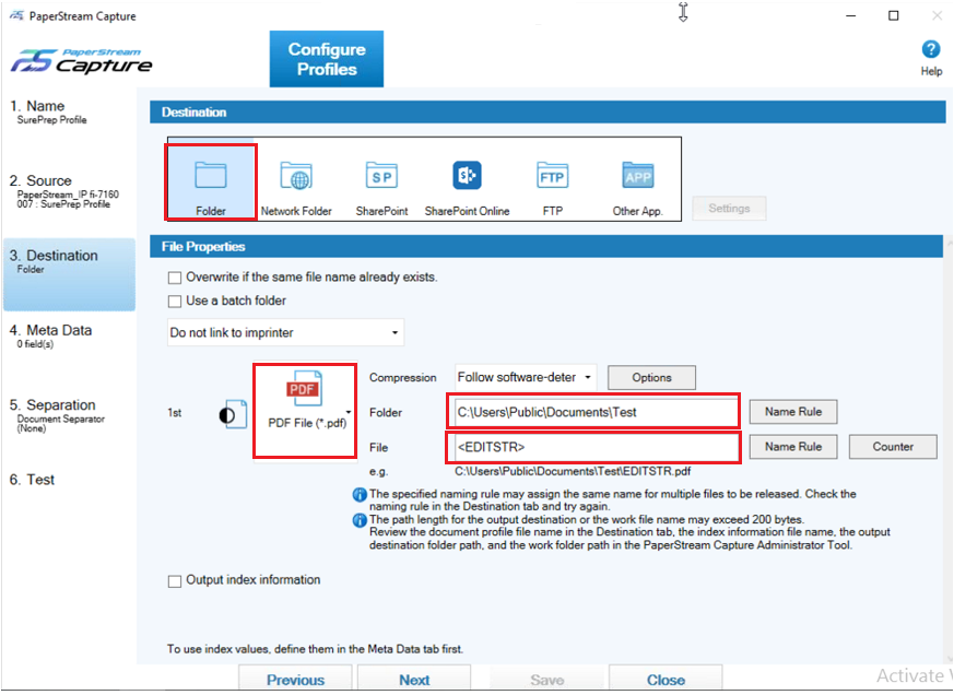 Update the Destination tab settings